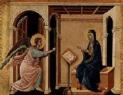 Архангел Гавриил приносит Деве Марии весть о предстоящей кончине (Дуччо, Маэста, деталь. 1308—1311)