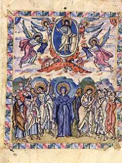 Вознесение Христа (Евангелие Рабулы, VI век). Христос возносится на тетраморфе с огненными колесами, Крылья тетраморфа покрыты глазами