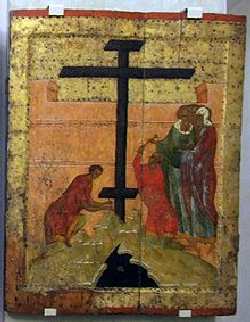 Утверждение креста (перед Распятием Христовым). Около 1497 (?), ростовская школа (?) Из Успенского собора Кирилло-Белозерского монастыря